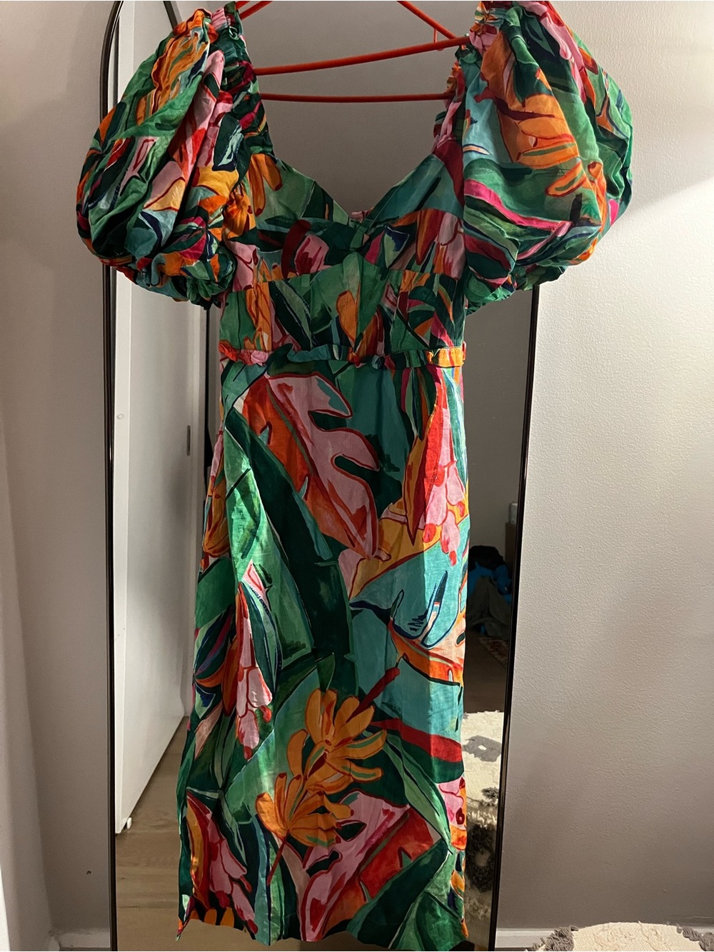 FARM Rio Tropical Puff-Sleeve Midi Dress in Green Multi